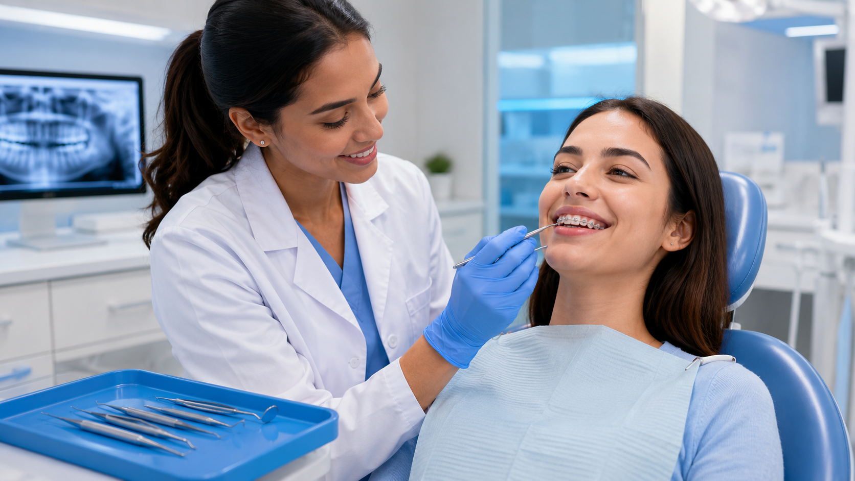 Dentist examining a smiling patient in a bright dental clinic