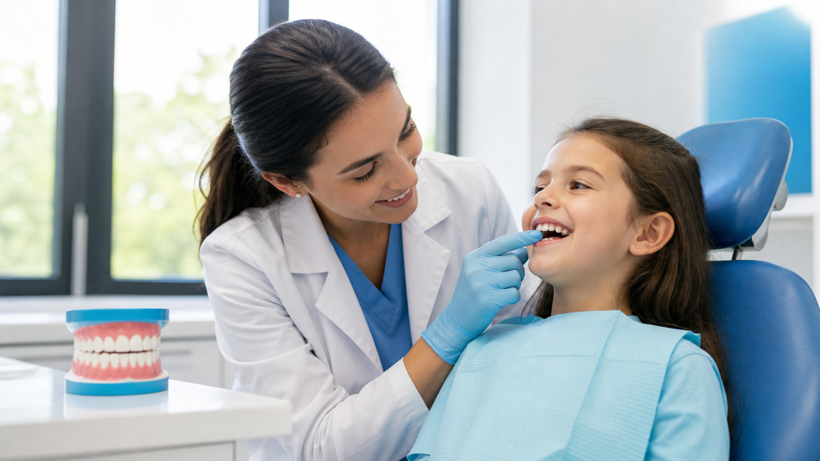 Dentist examining a smiling child in a dental chair, with a model of teeth on the desk