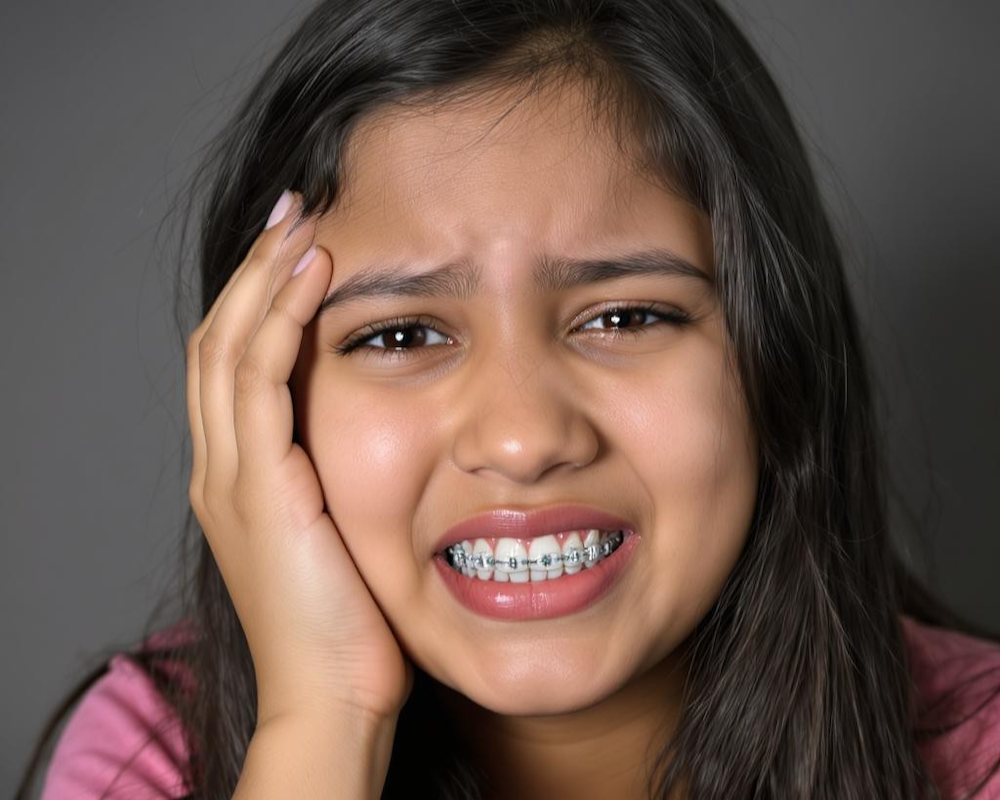 A woman with braces on her teeth is smiling and touching her chin.