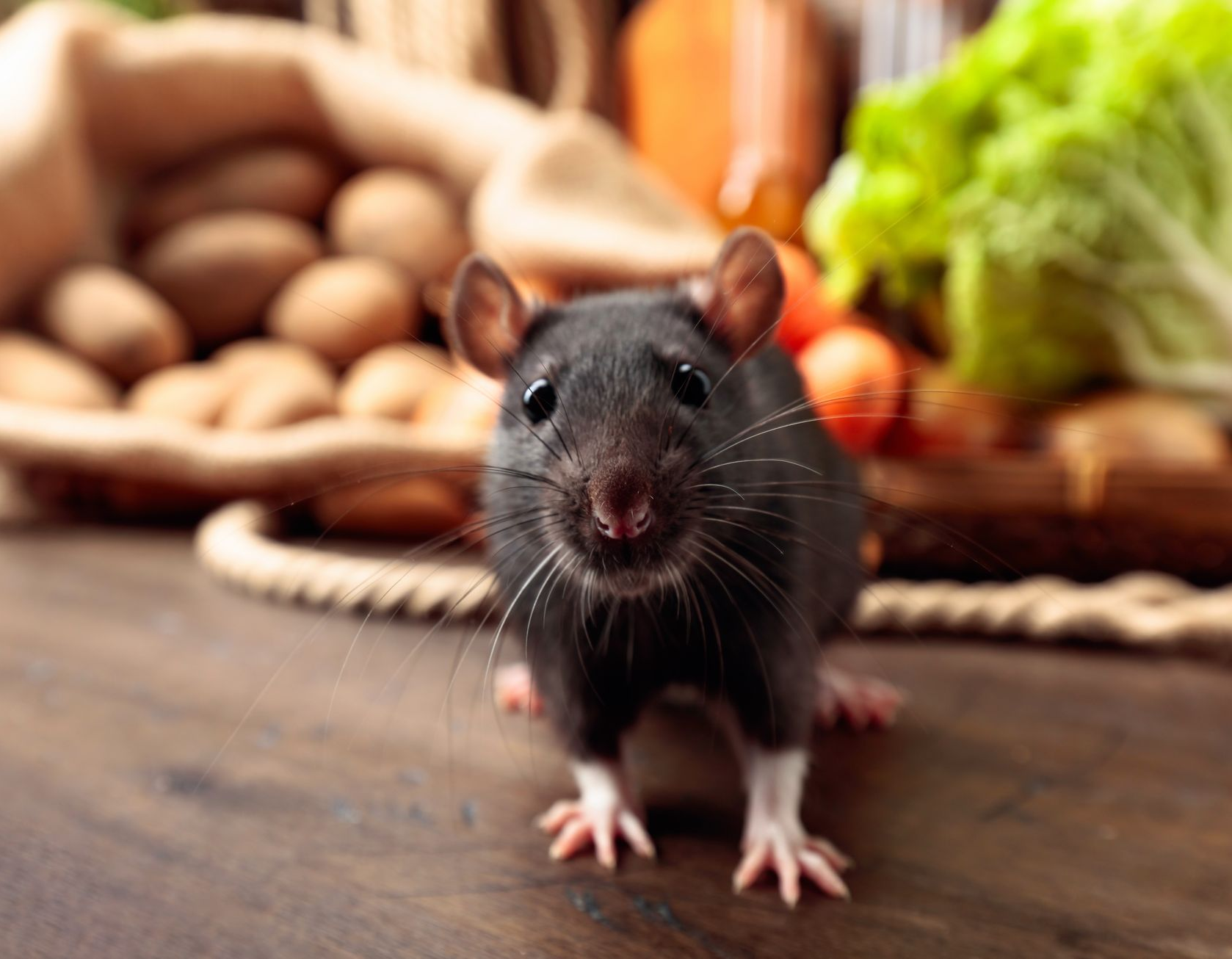 Black rat on a wooden table with produce blurred in the background