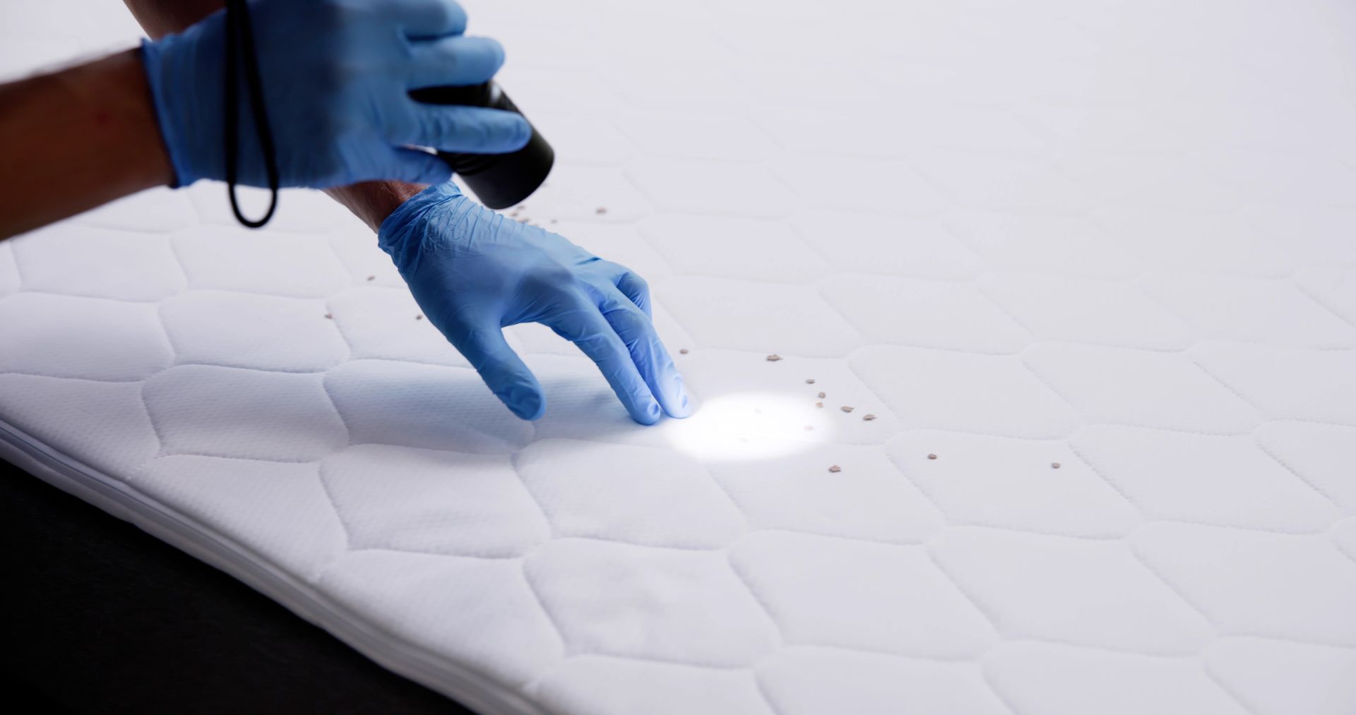 Gloved hand sprays cleaning solution onto a white quilted mattress