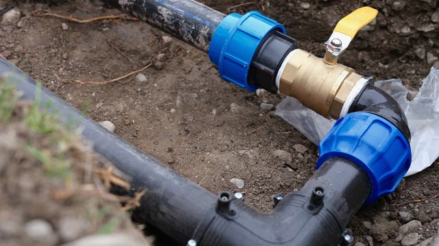 Underground plumbing with black pipes, blue fittings, and a gold valve.