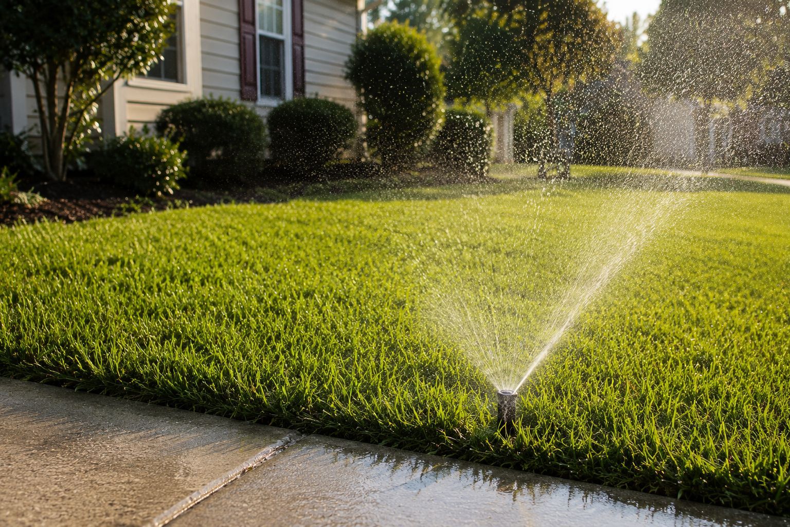 Residential lawn sprinkler watering a healthy summer lawn outside a home in Brooks, Georgia.