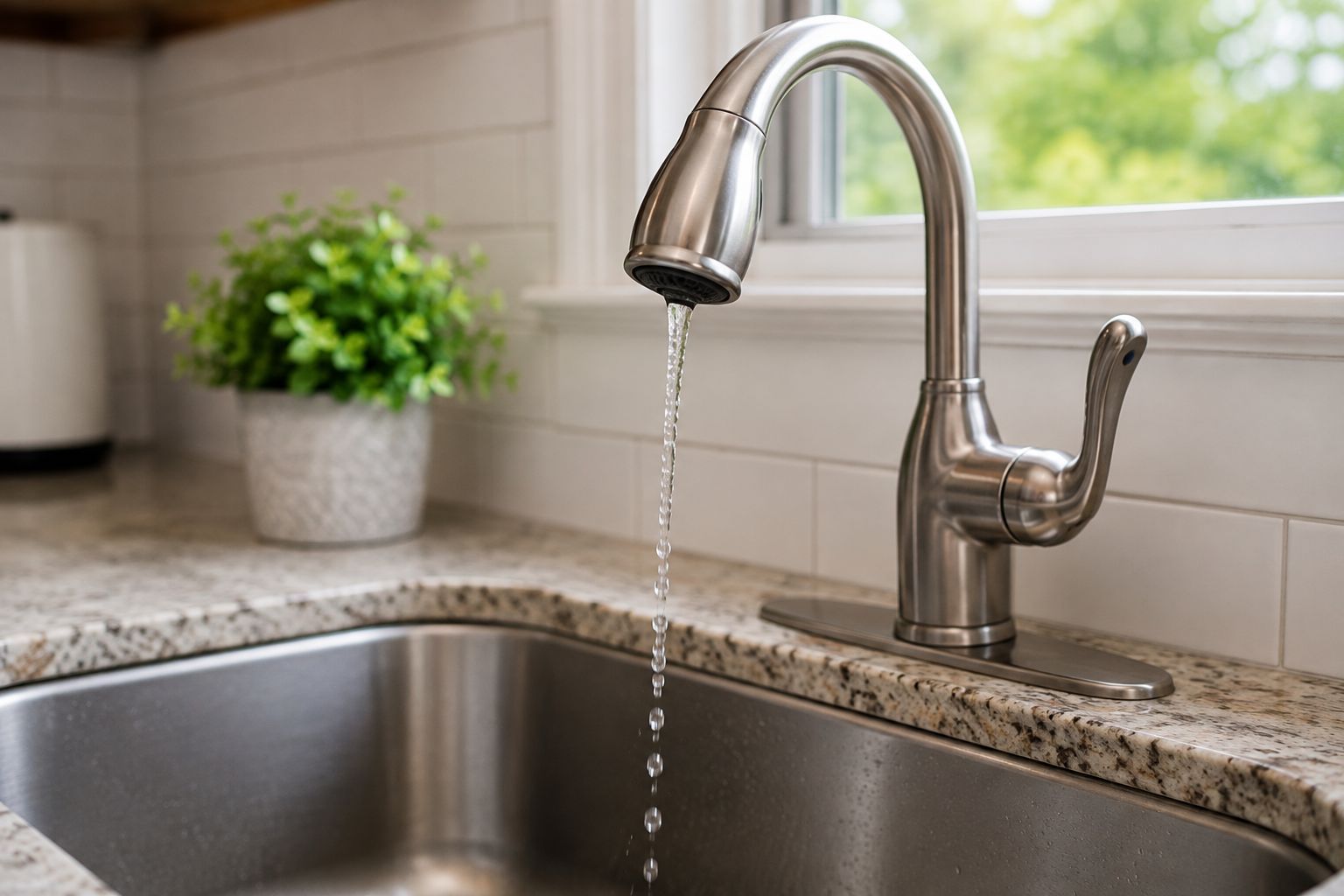 Low water pressure flowing from a kitchen faucet, a common plumbing problem in Brooks, Georgia homes