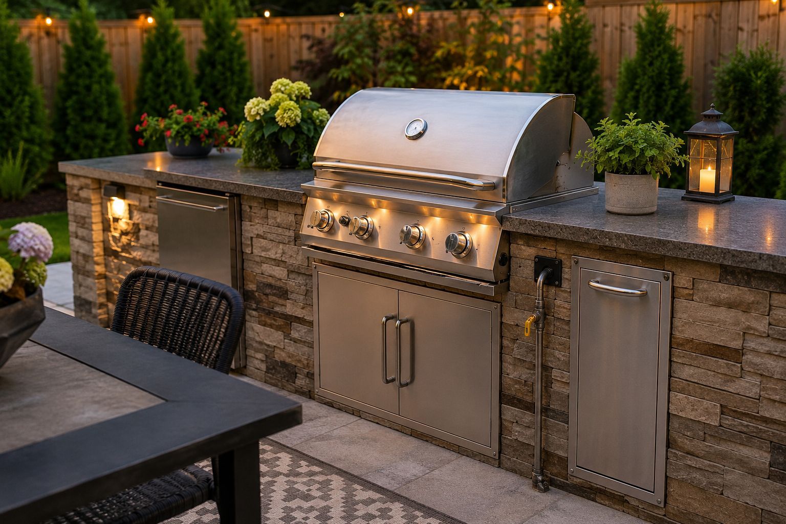 Outdoor stone patio with built-in stainless steel gas grill and cabinets in Brooks, GA.