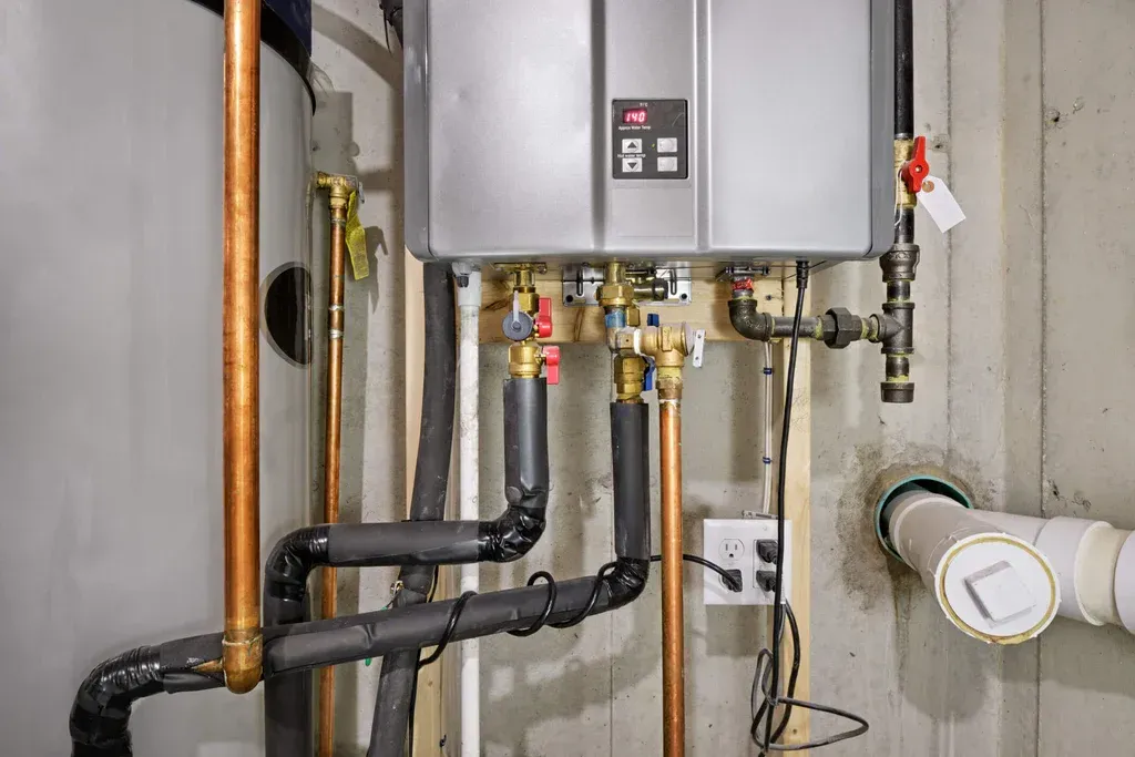 Tankless water heater with copper pipes and black insulated tubing in a basement.