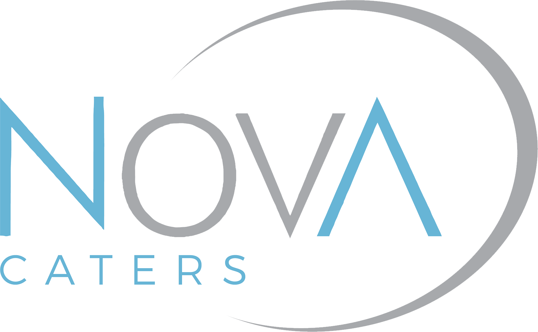 Nova Caters logo in blue and gray with a swoosh circle around the text