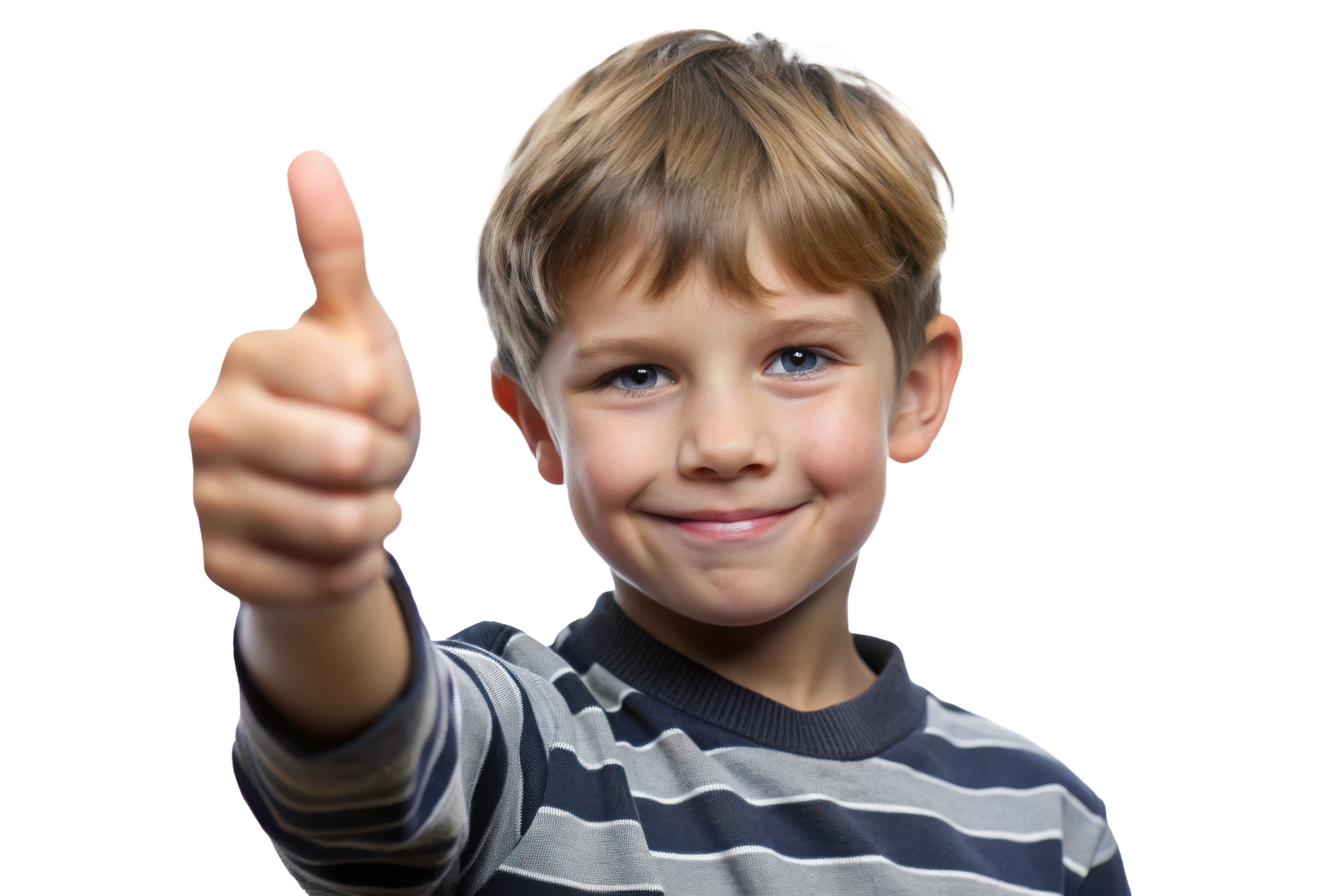 Boy with light brown hair smiles, gives a thumbs up. He wears a striped shirt.