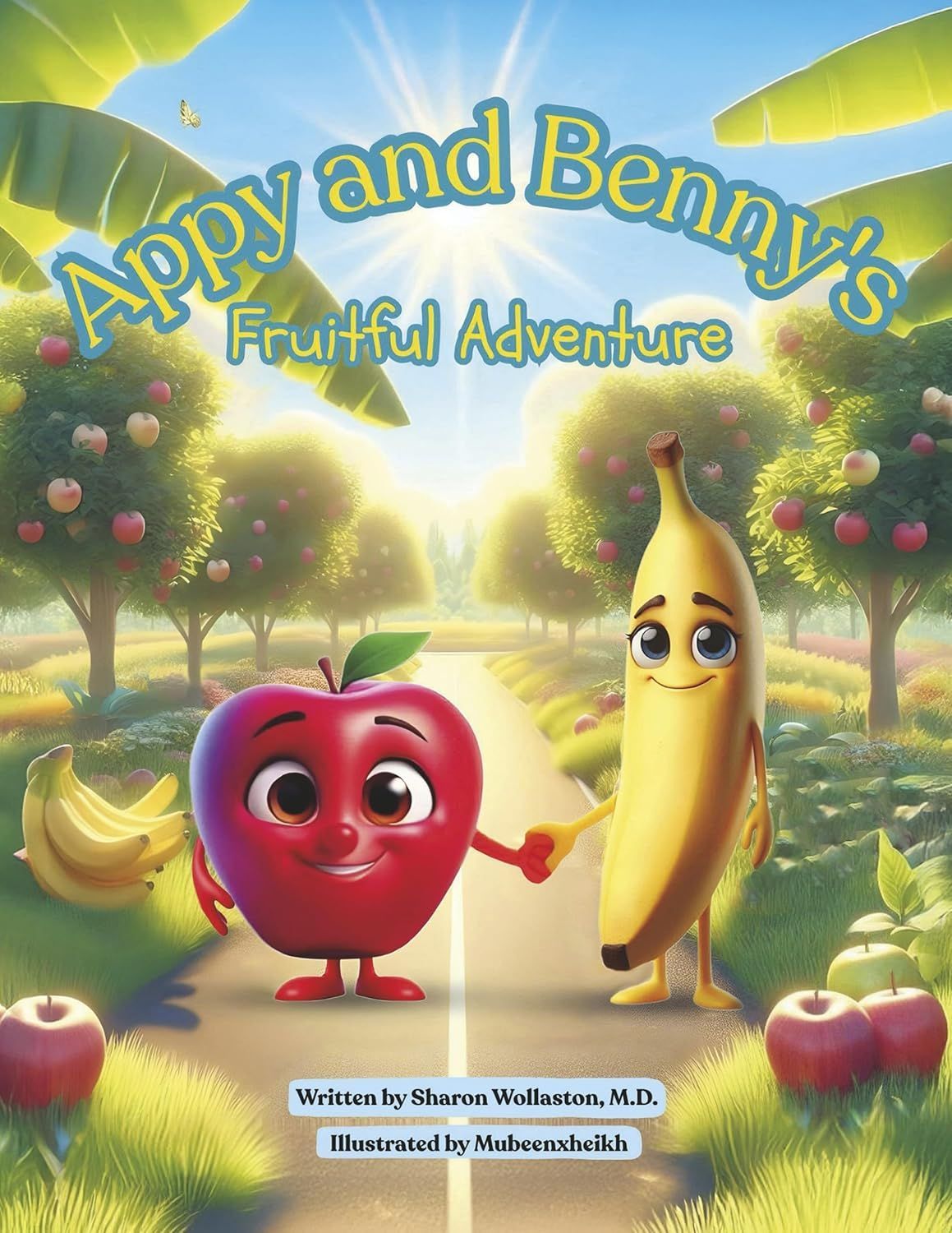 Apple and banana cartoon characters holding hands in a sunny orchard under the title “Appy and Benny’s Fruitful Adventure”