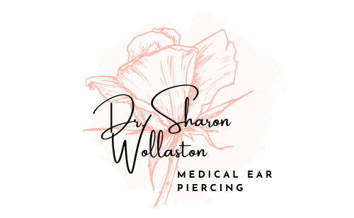 Logo for Dr. Sharon Wollaston Medical Ear Piercing with pale pink floral line art