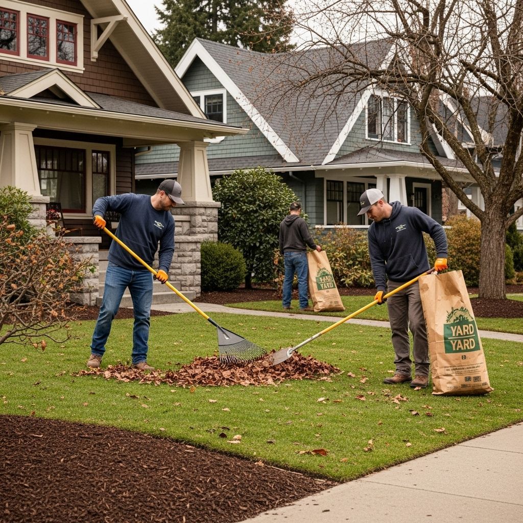Workers raking leaves in a suburban front yard beside a sidewalk and houses