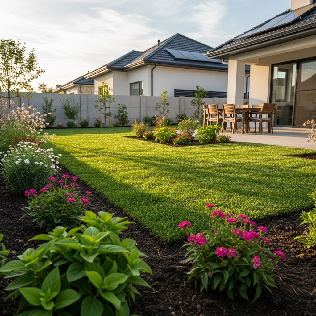 Sunlit modern house with patio, manicured lawn, and colorful flower beds in a landscaped backyard