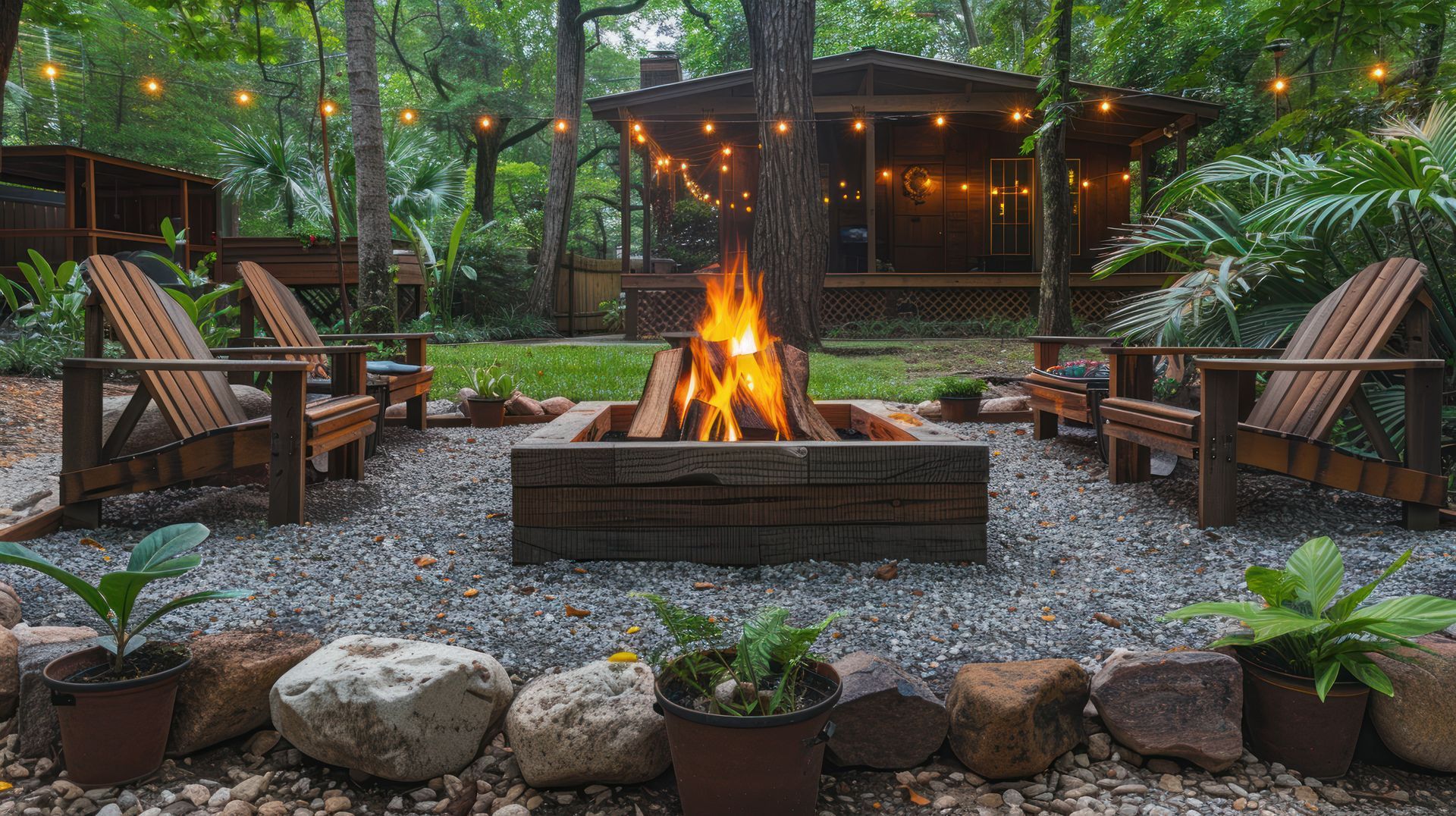 Cozy backyard fire pit area with Adirondack chairs, string lights, and lush greenery around a stone fire bowl.