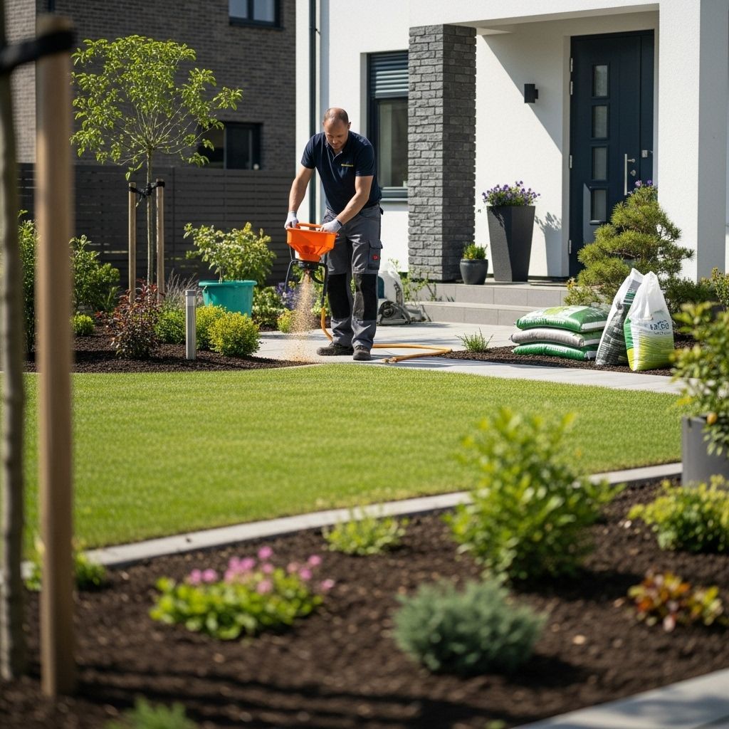 Person watering a front yard garden with an orange bucket in front of a modern house