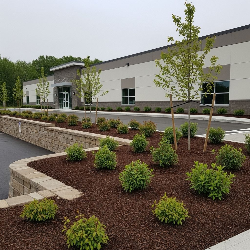 Modern office building with landscaped mulch beds, small trees, and shrubs under an overcast sky