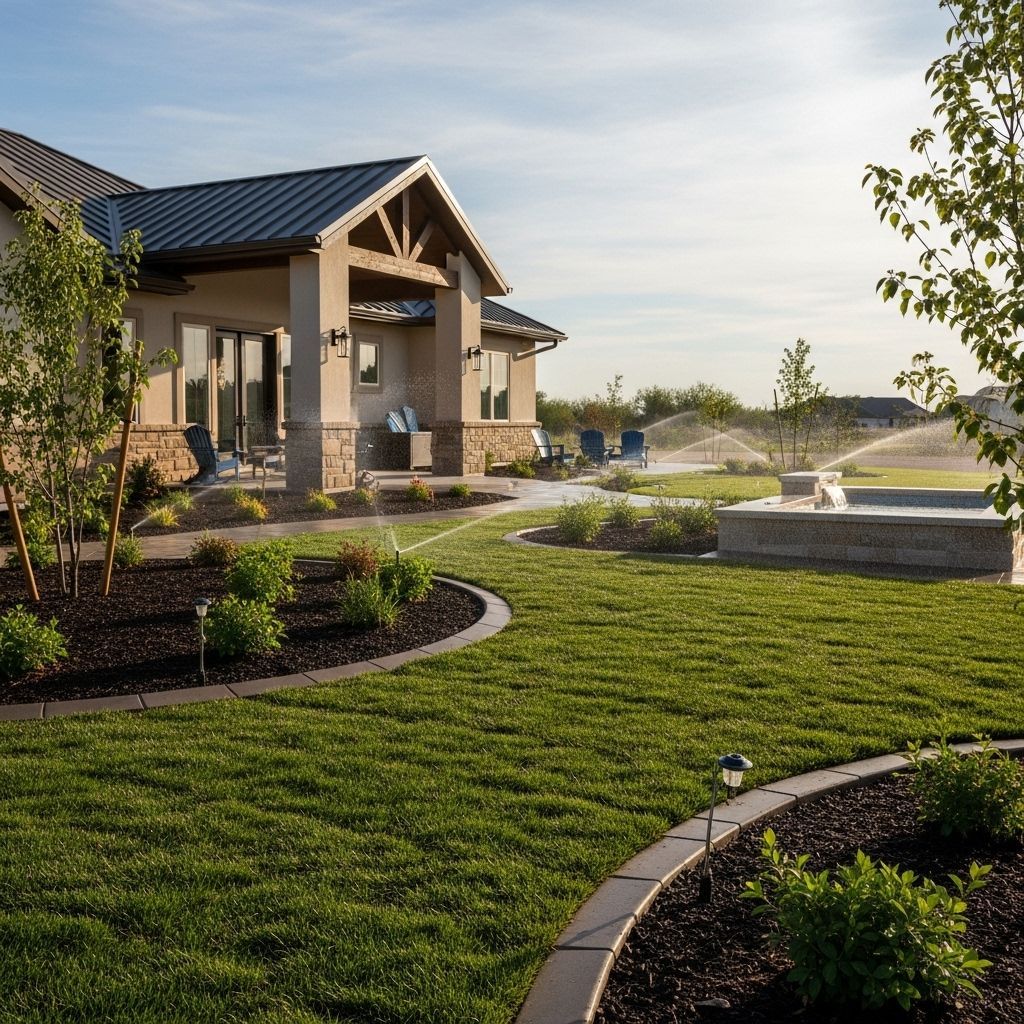 Landscaped office entrance with trimmed shrubs, flowers, and a covered walkway beside the building.