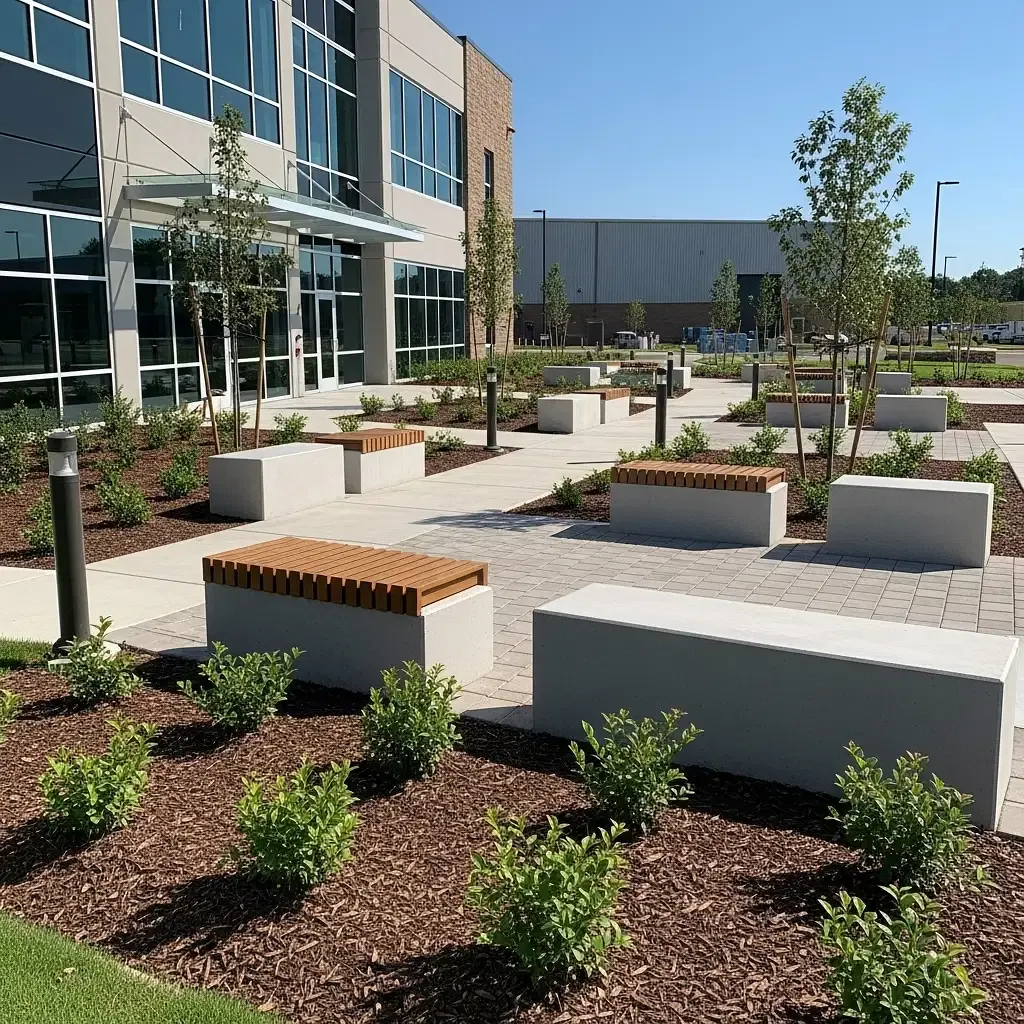 Modern office courtyard with concrete benches, planters, young trees, and a glass building facade