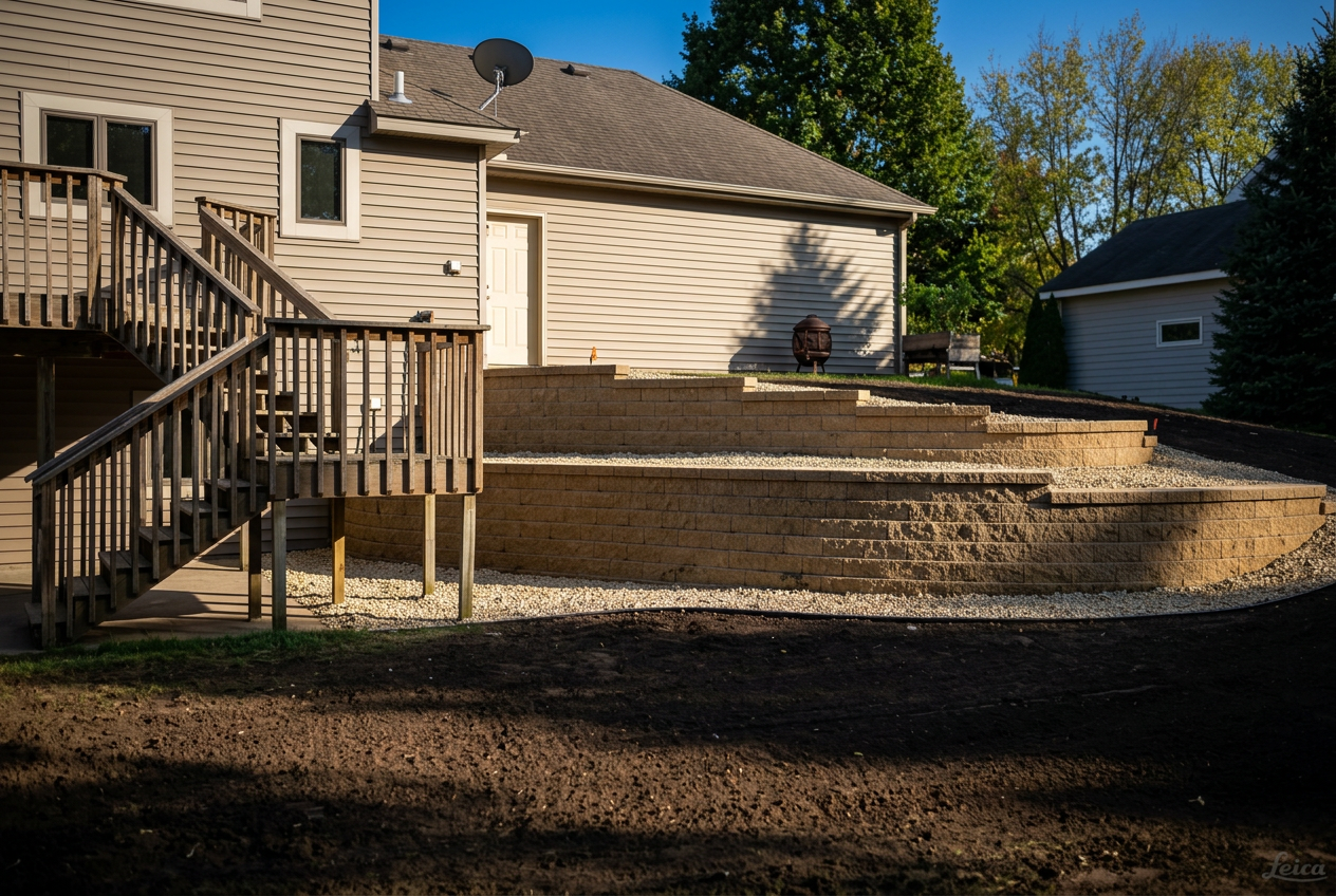 Backyard with stone retaining wall, wooden stairs, and beige house siding in sunlight