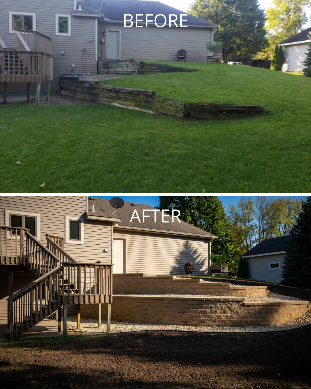 Before-and-after backyard yard leveling: sloped grass changed to a flat gravel patio beside a house.