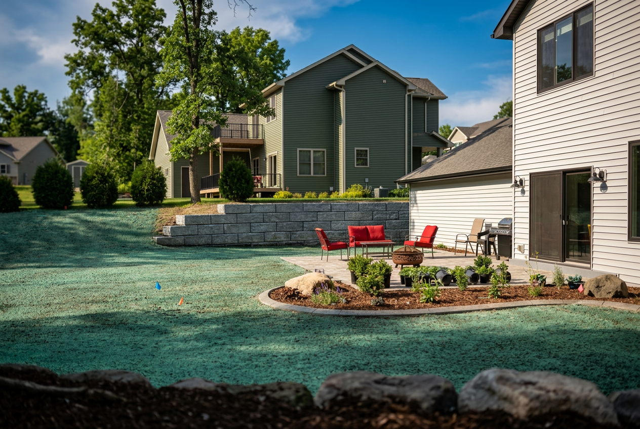 Backyard patio with red chairs, stone fire pit, and green homes in the background