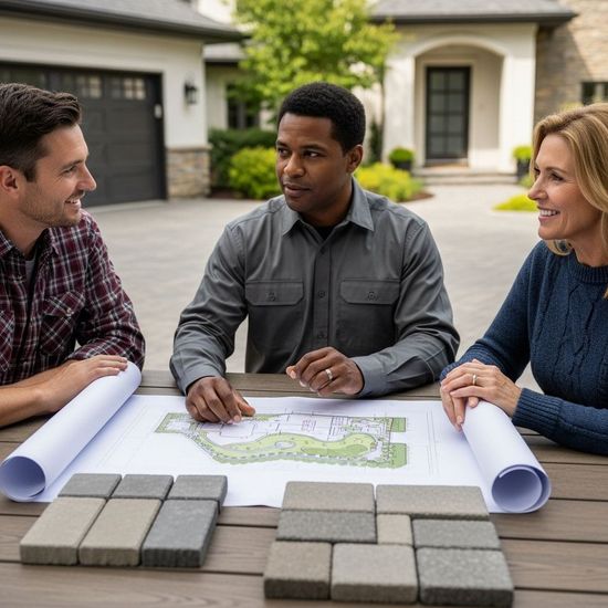 Three people review landscaping plans and pavers on a driveway in front of a house.