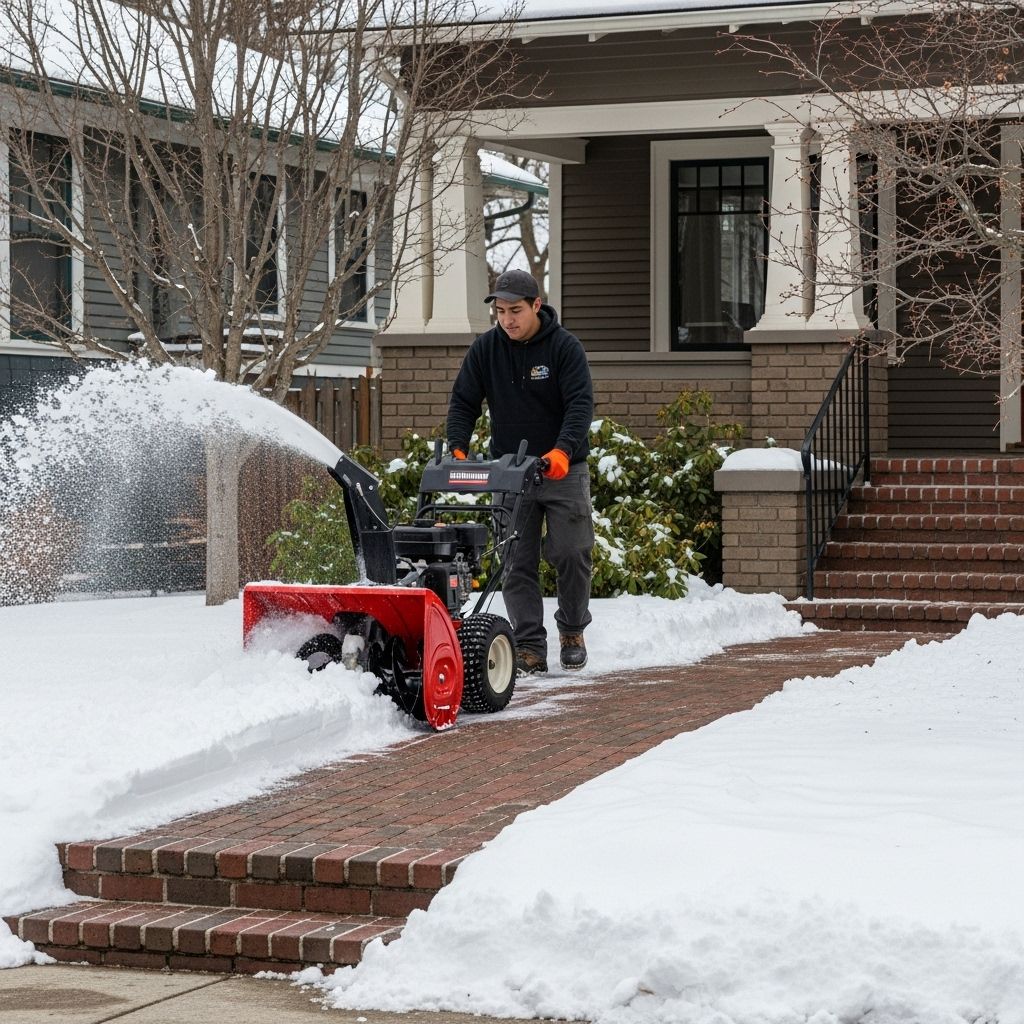 Person shoveling snow from a walkway with a black snow shovel