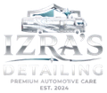 Logo for Izra's Detailing, featuring a stylized silver RV illustration above the company name, established in 2024.