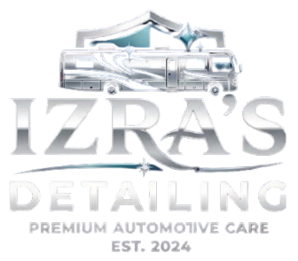 Logo for Izra's Detailing, featuring a stylized silver RV illustration above the company name, established in 2024.
