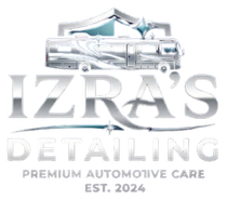 Logo for Izra's Detailing, featuring a stylized silver RV illustration above the company name, established in 2024.