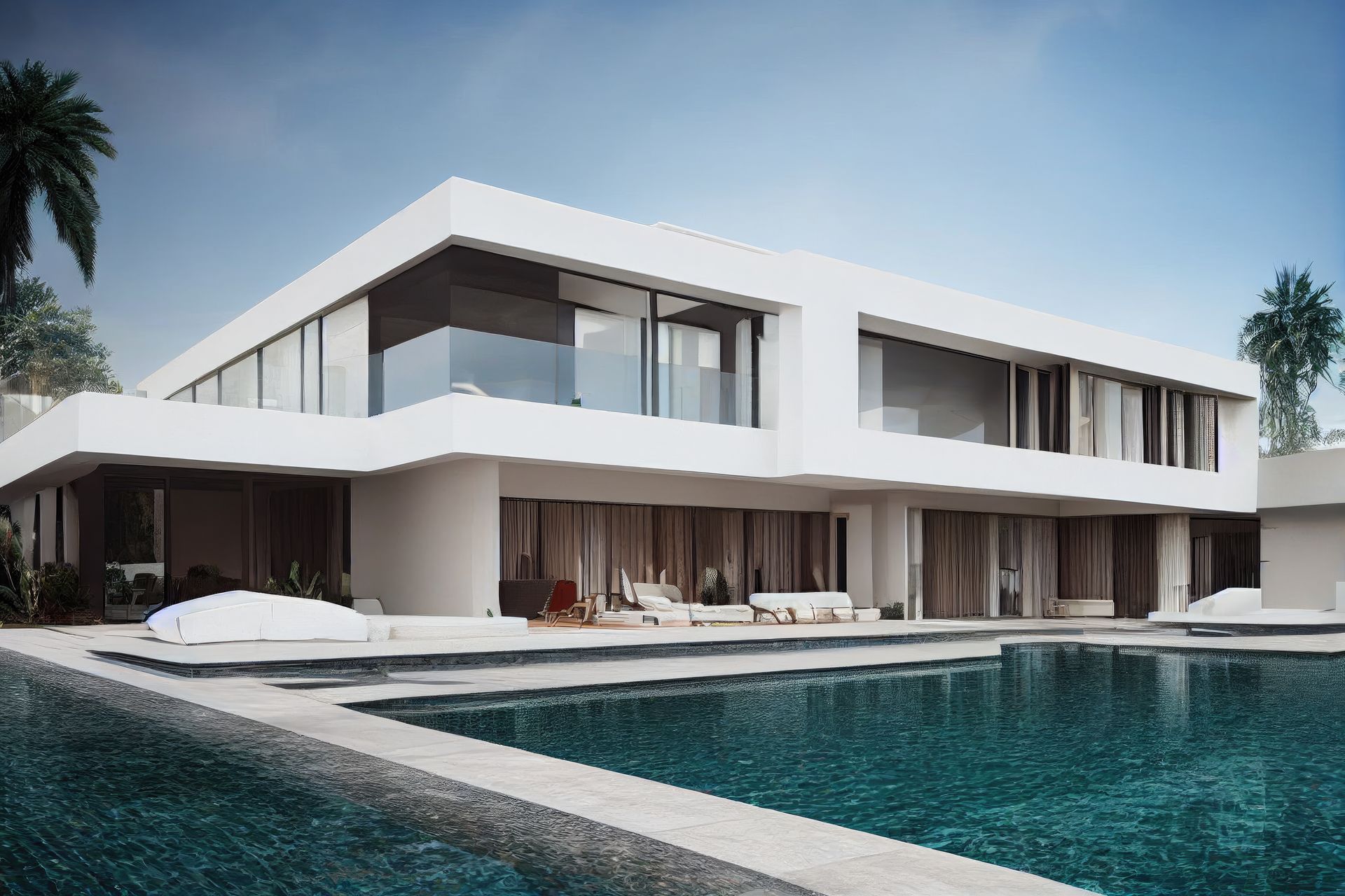 A large white house with a swimming pool in front of it.