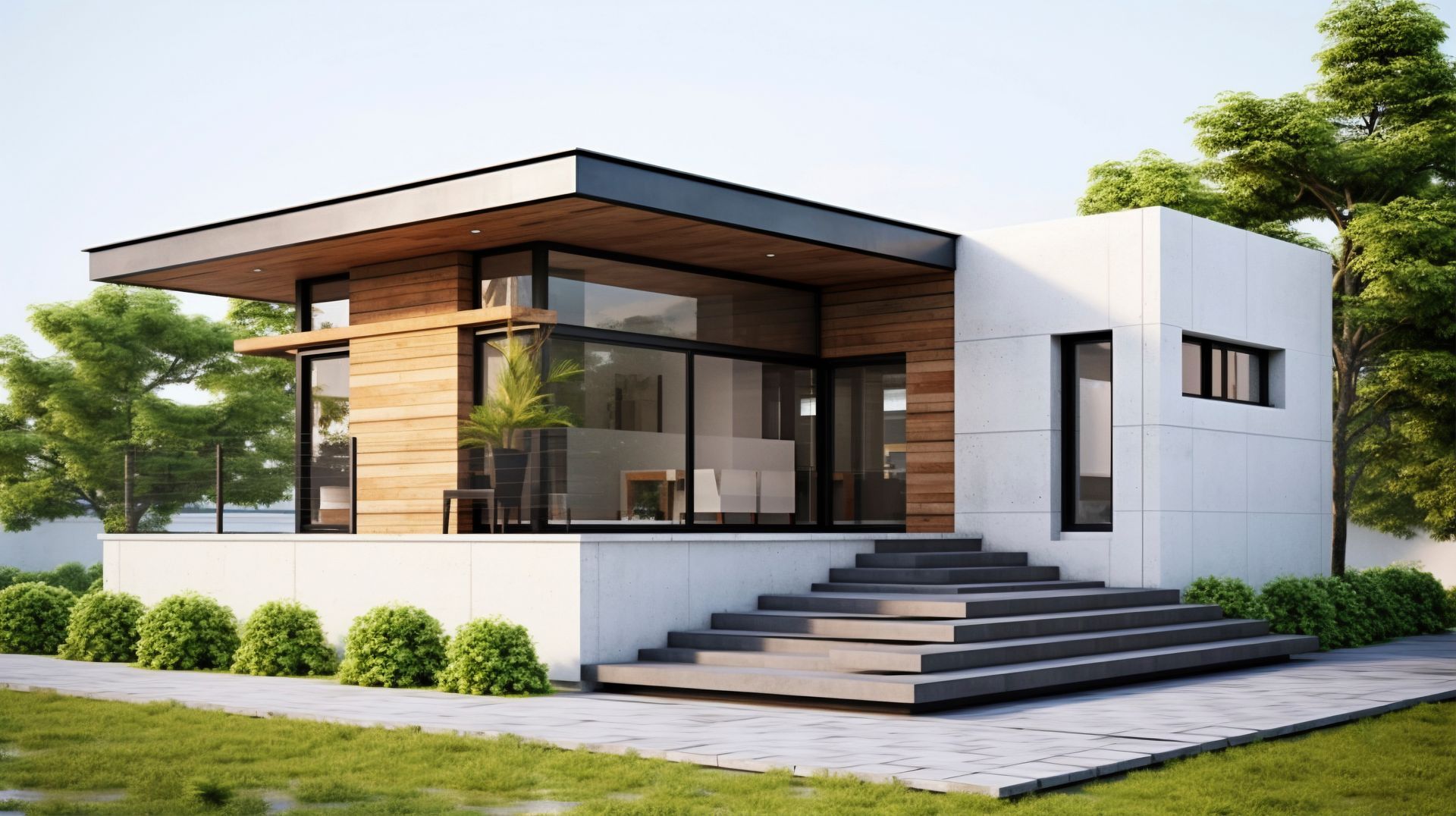 A modern house with stairs leading up to it is surrounded by trees and grass.