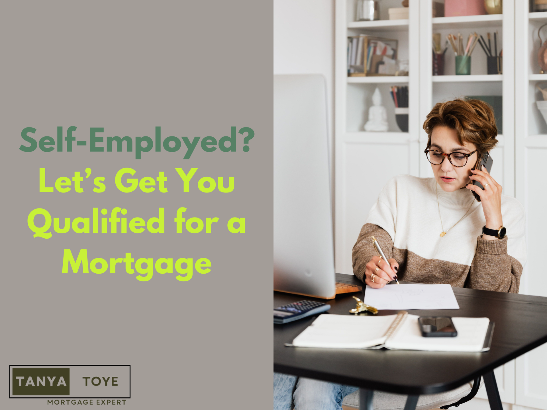Self-employed mortgage ad with person working at a laptop in a home office