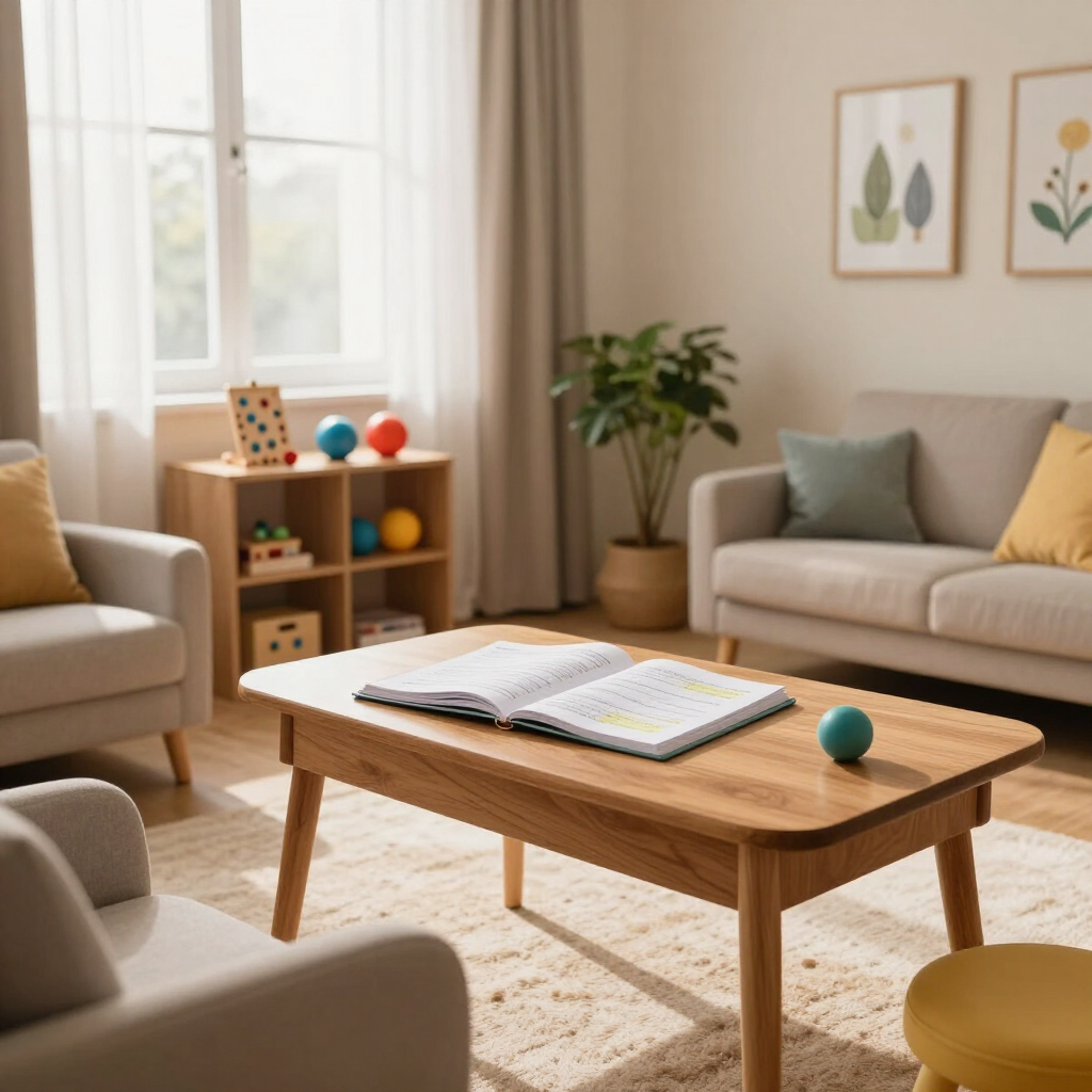 Acogedora sala de estar con sofá, mesa de centro, juguetes y luz natural tenue cerca de una ventana.