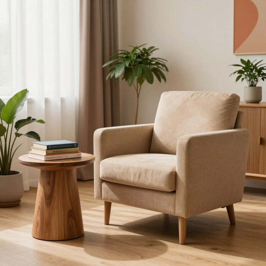 Un cómodo sillón beige junto a una mesita auxiliar de madera en una luminosa sala de estar minimalista con plantas.