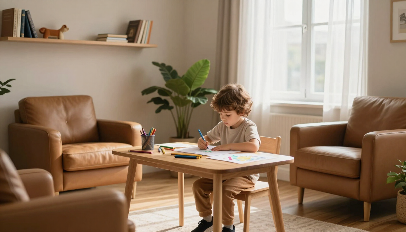 Un niño dibuja en una mesa de madera en una luminosa sala de estar con sillones color canela y una gran ventana.