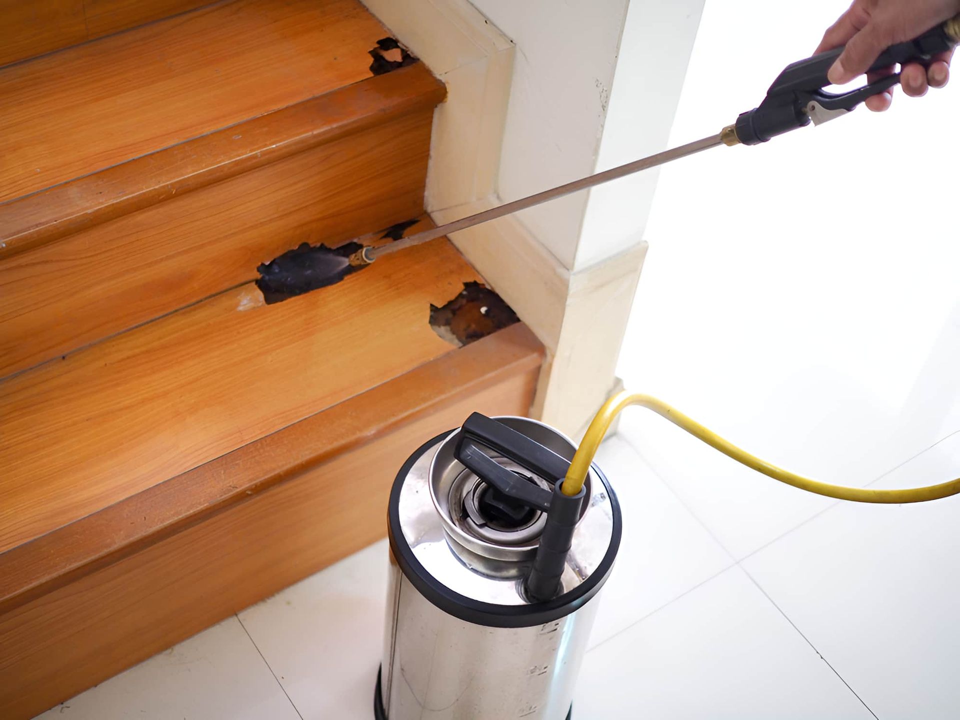 A Person is Spraying a Wooden Staircase With a Sprayer — City Coast Pest Solutions In Wollongong, NSW