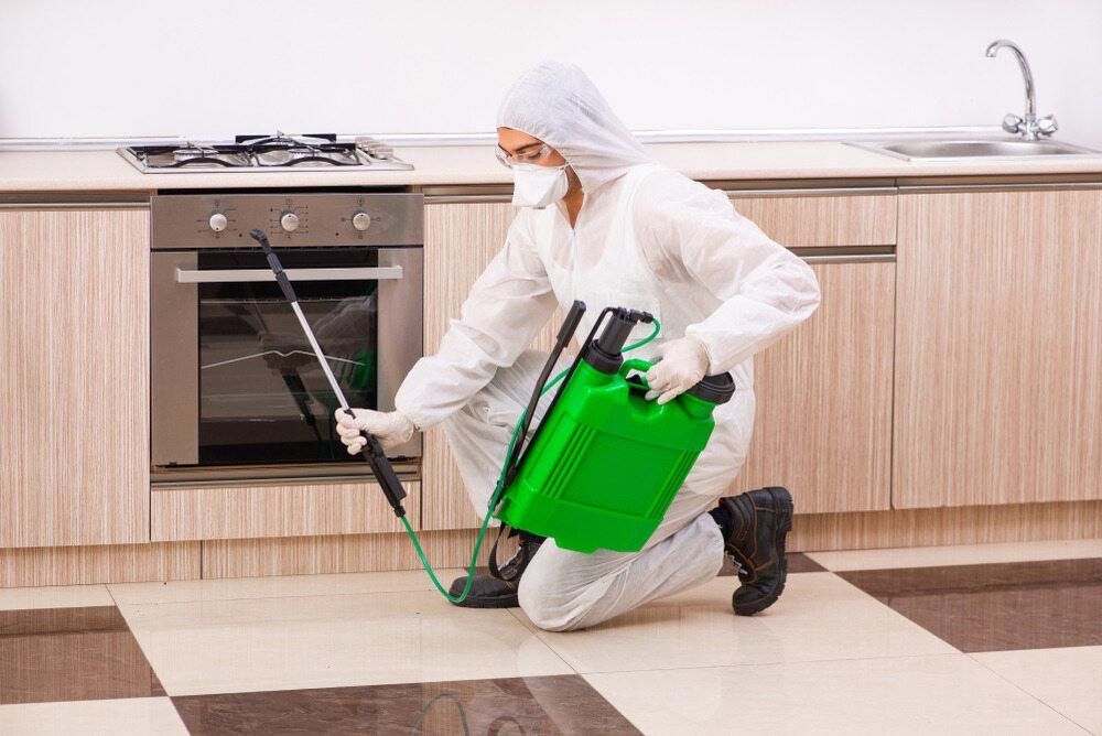 A Man in a Protective Suit is Spraying a Kitchen Floor With a Sprayer — City Coast Pest Solutions In Illawarra, NSW