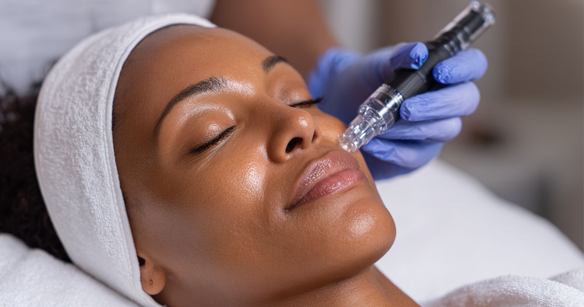 Person receiving facial microneedling treatment; device held by gloved hand near face.