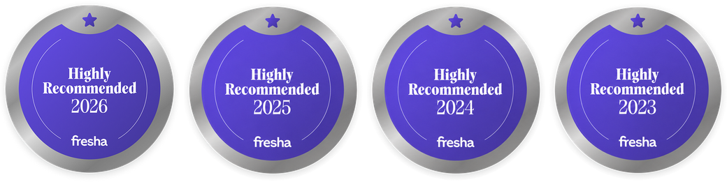 Fresha Highly Recommended Badges for 2023, 2024, 2025, and 2026.