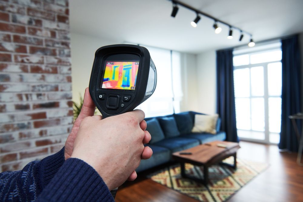A person is holding a thermal camera in a living room.