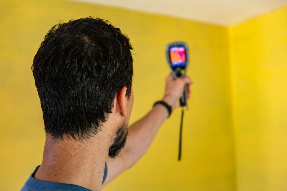 A man is taking a picture of a yellow wall with a camera.