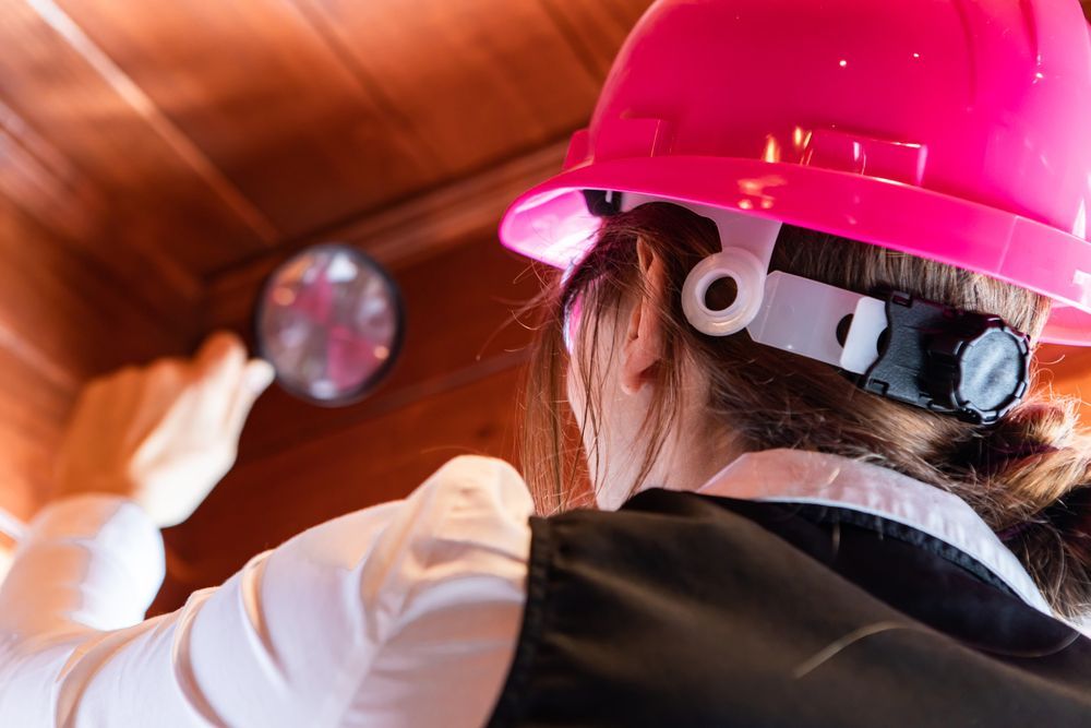 A woman wearing a pink hard hat is looking through a magnifying glass.