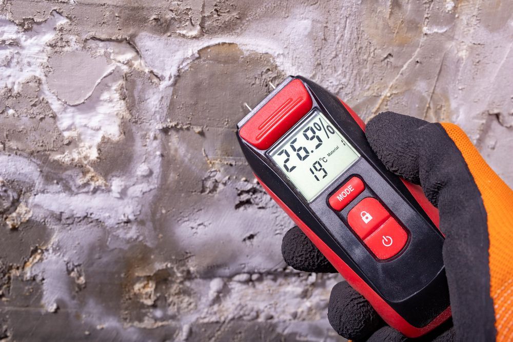 A person is holding a digital moisture meter in front of a brick wall.