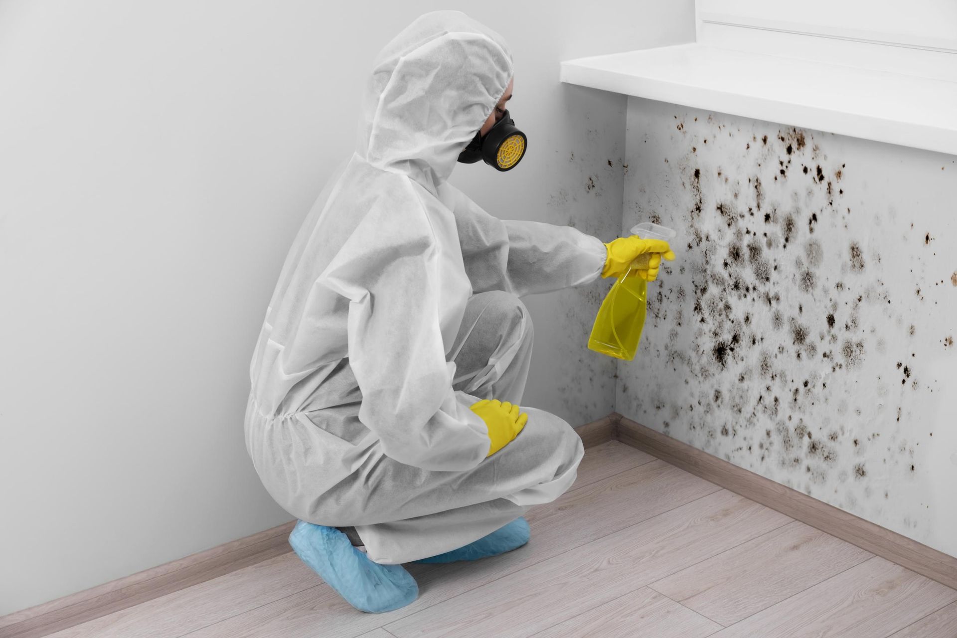 A person in a protective suit is spraying mold on a wall.