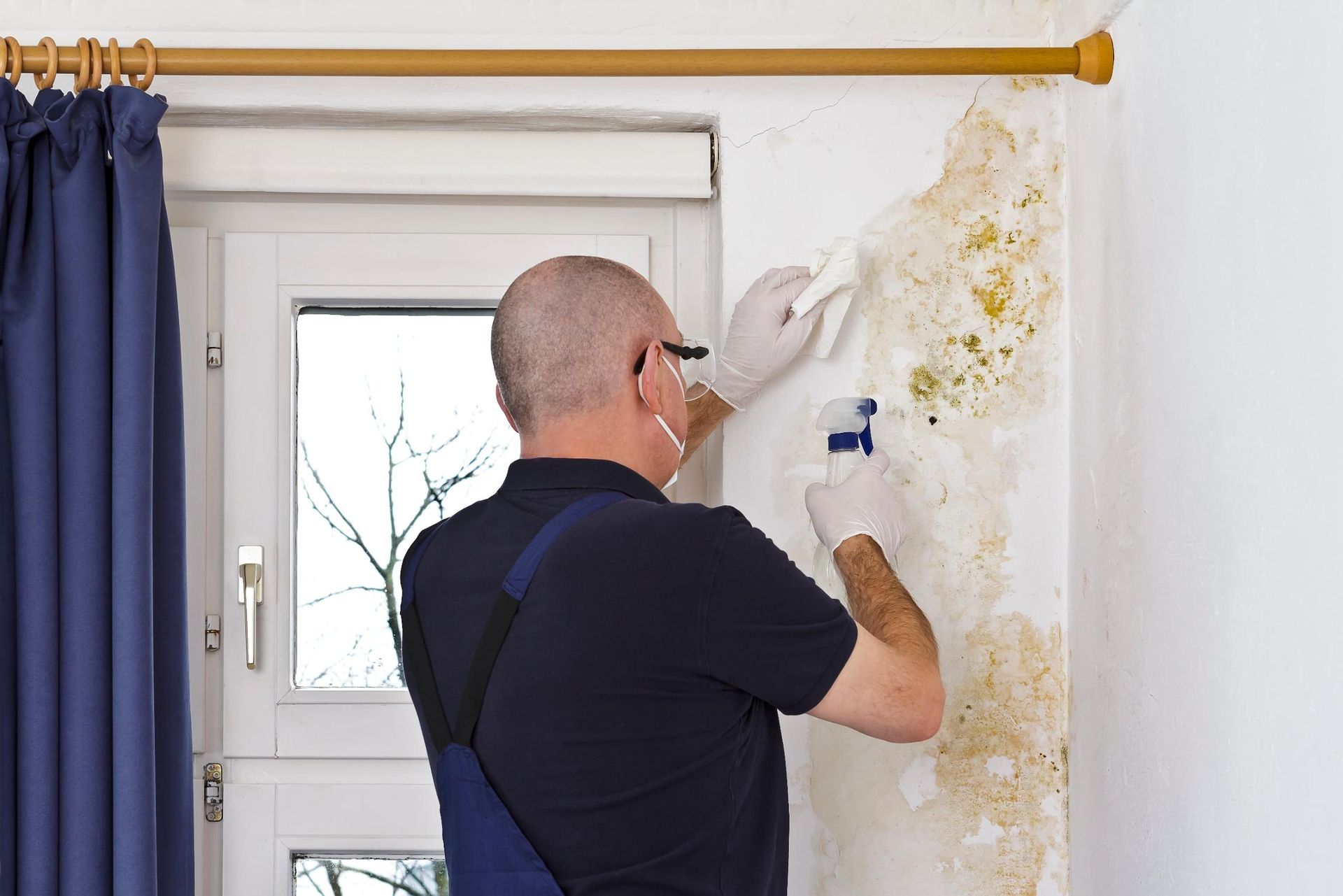 A man is cleaning a wall with a sponge.