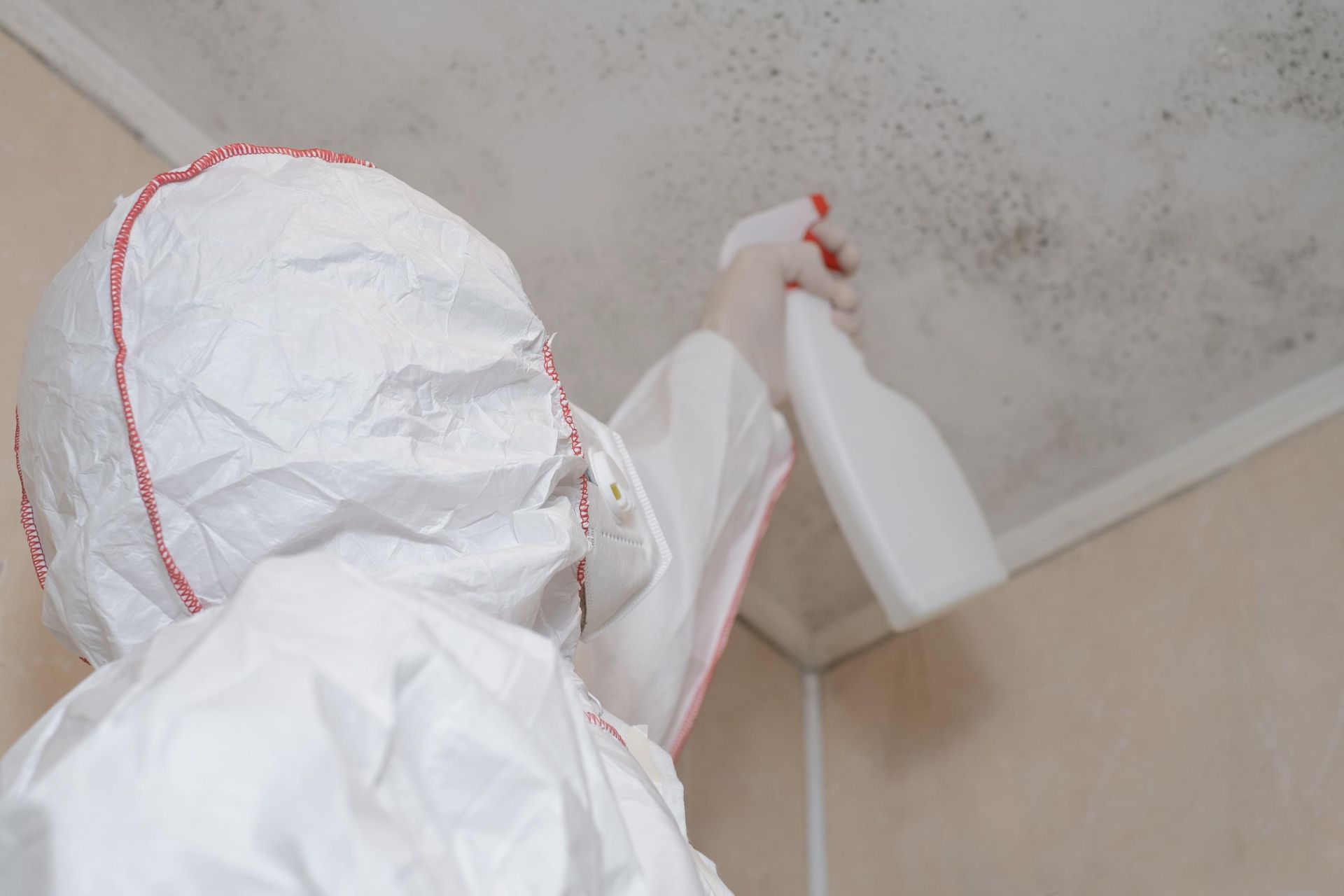 A person in a protective suit is spraying a ceiling with a spray bottle.