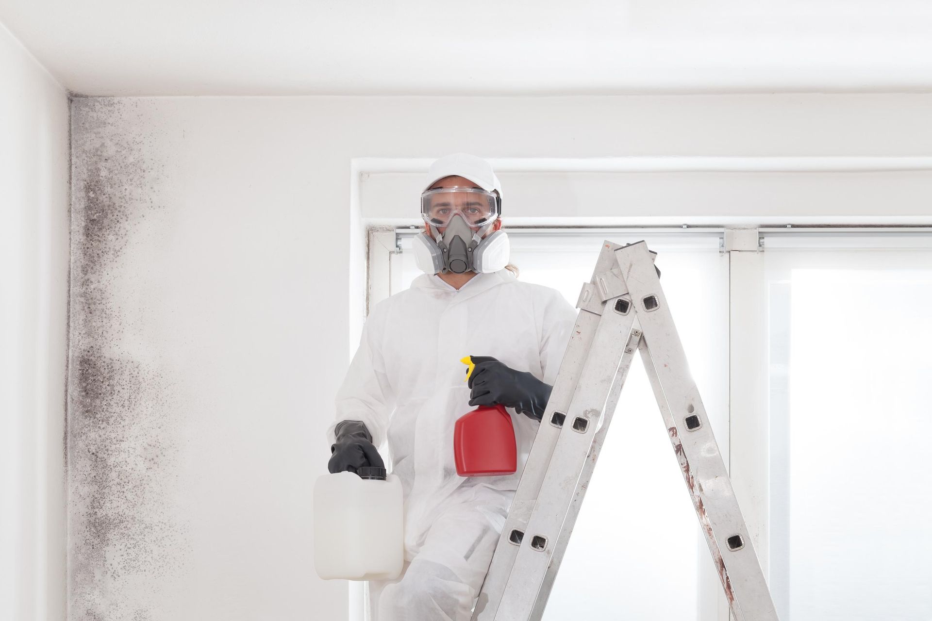 A man in a protective suit is standing on a ladder holding a spray bottle.