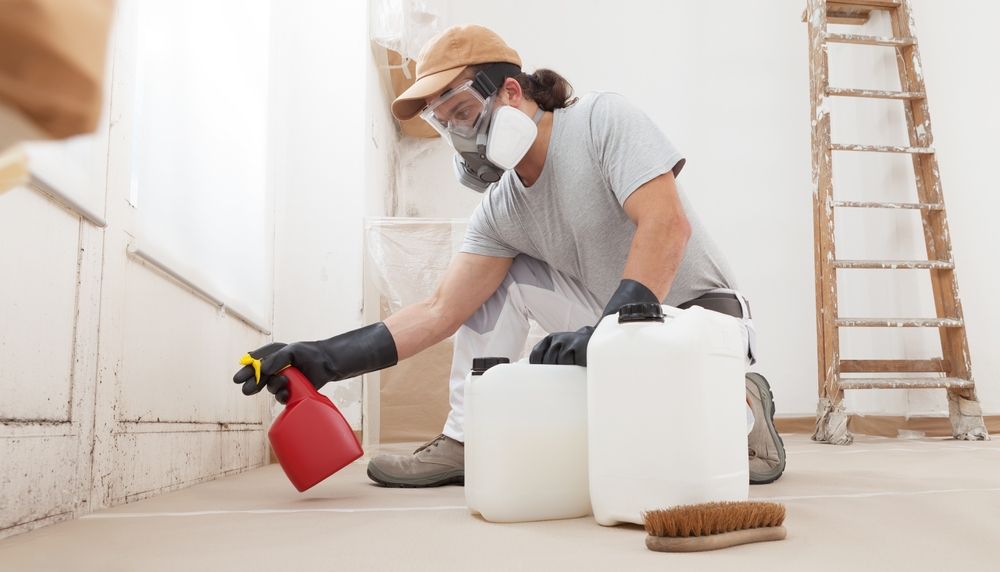A man wearing a mask and gloves is spraying a room with a spray bottle.
