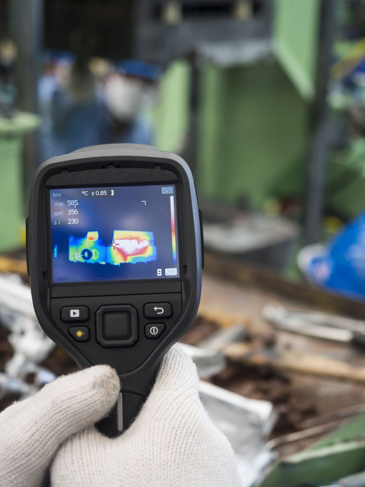 A person is holding a thermal camera in their hand in a factory.