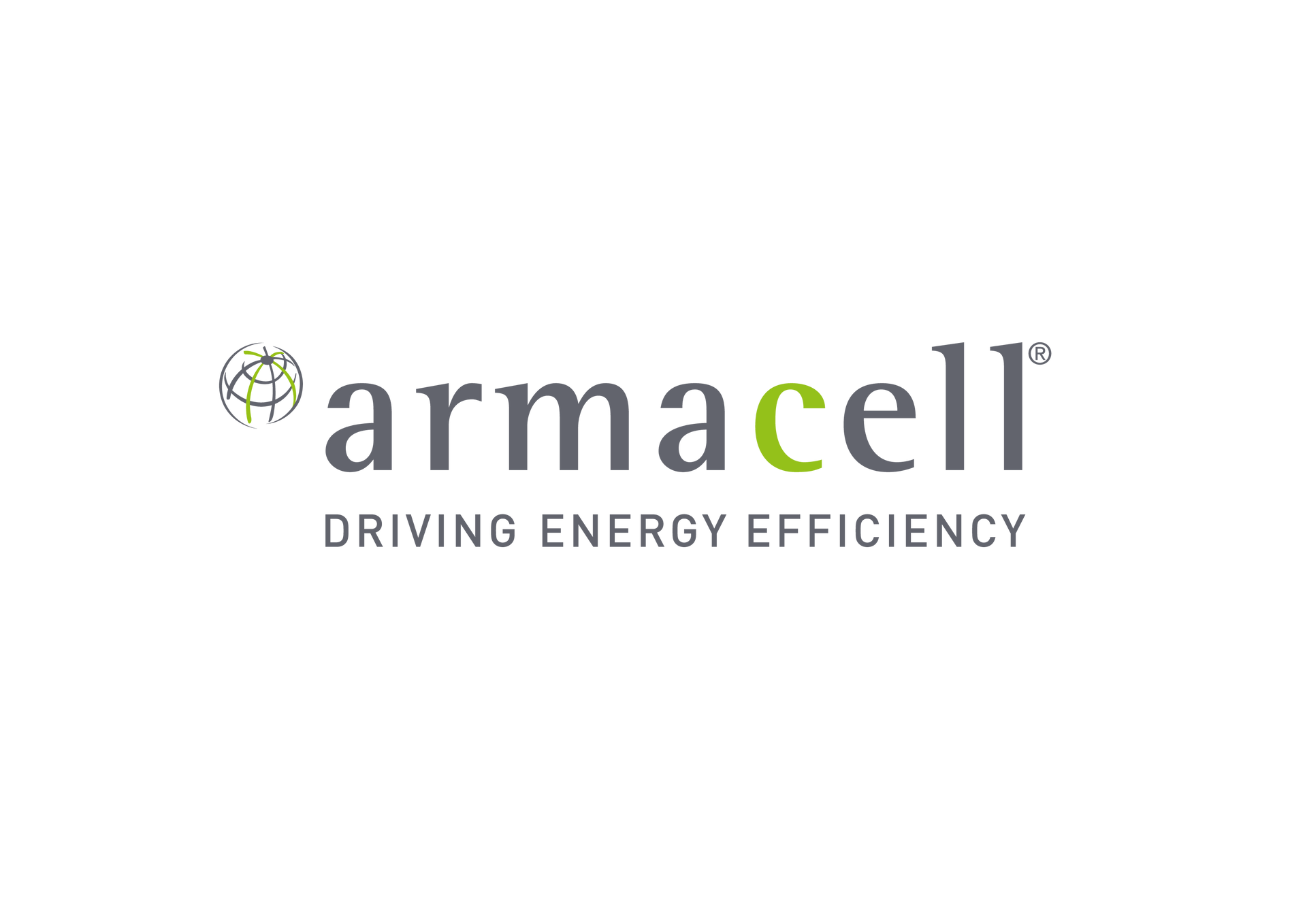 Armacell logo, green text and globe graphic, 